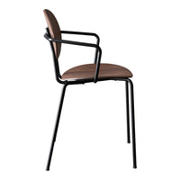 Black metal frame chair with a smooth brown wooden seat and backrest. Modern design with minimalist curves.
