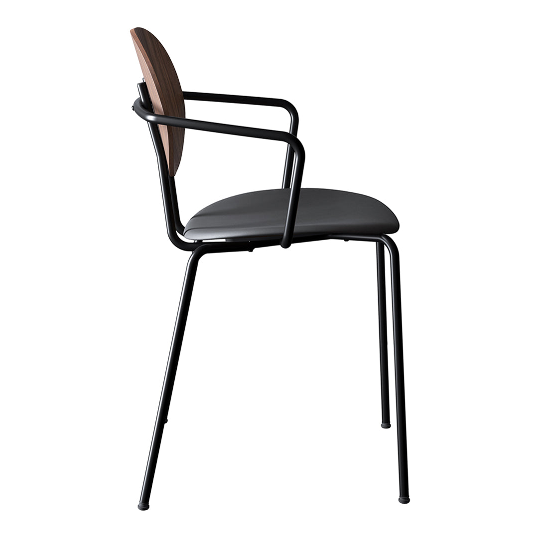 Black metal chair with a sleek, curved wood backrest and a cushioned grey seat. Modern and minimalist design.