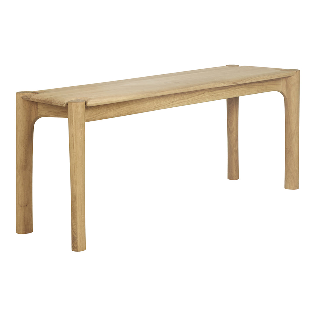 Natural wooden bench with a smooth, light oak finish and minimalistic design, showcasing elegant, clean lines.