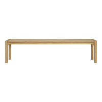 Natural wood bench in light oak finish, featuring a simple, sleek design with clean lines and no intricate patterns.