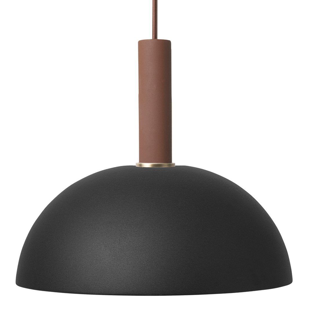 Matte black dome pendant light with a brown wooden accent. Modern minimalist design for stylish interiors.