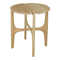 Light wood side table with a unique leaf-shaped top and smooth, natural finish. Ideal for modern decor.