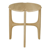 Natural wood accent table with a unique leaf-shaped top and smooth finish, showcasing light beige tones and minimal design.