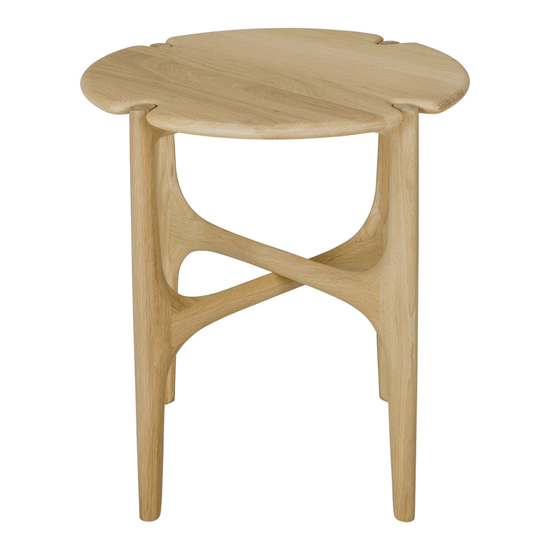 Natural wood finish round table, featuring a unique petal-shaped top and elegant, curved legs.