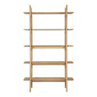 Natural wood bookshelf with a light oak finish and minimalist design, featuring five open shelves.