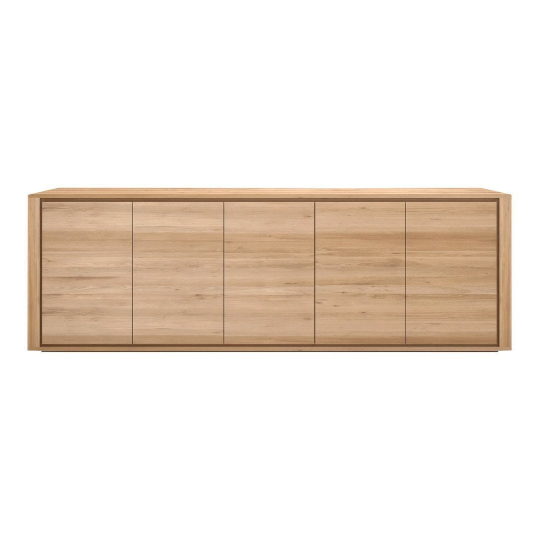 Natural wood finish sideboard with sleek, minimalist design and smooth, light oak patterns.