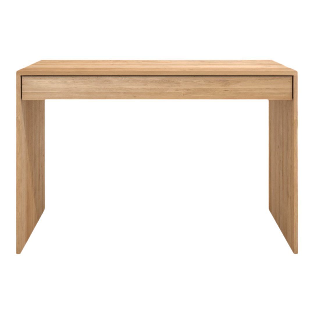 Natural wood desk in light oak finish with a smooth, minimalist design and subtle grain patterns. Perfect for any workspace.