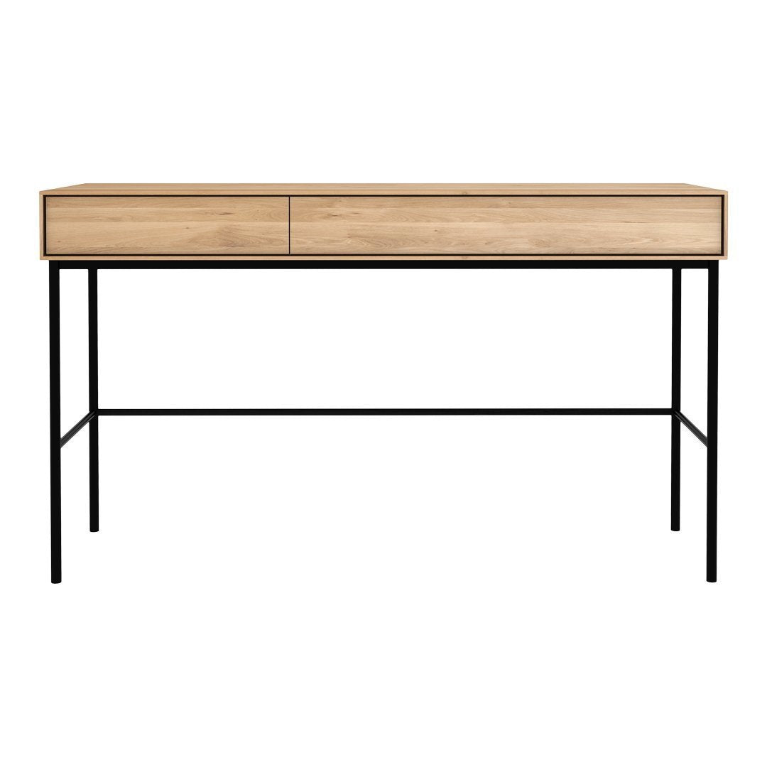 Light wood grain with a smooth finish, paired with a sleek black metal frame; modern and minimalist design.