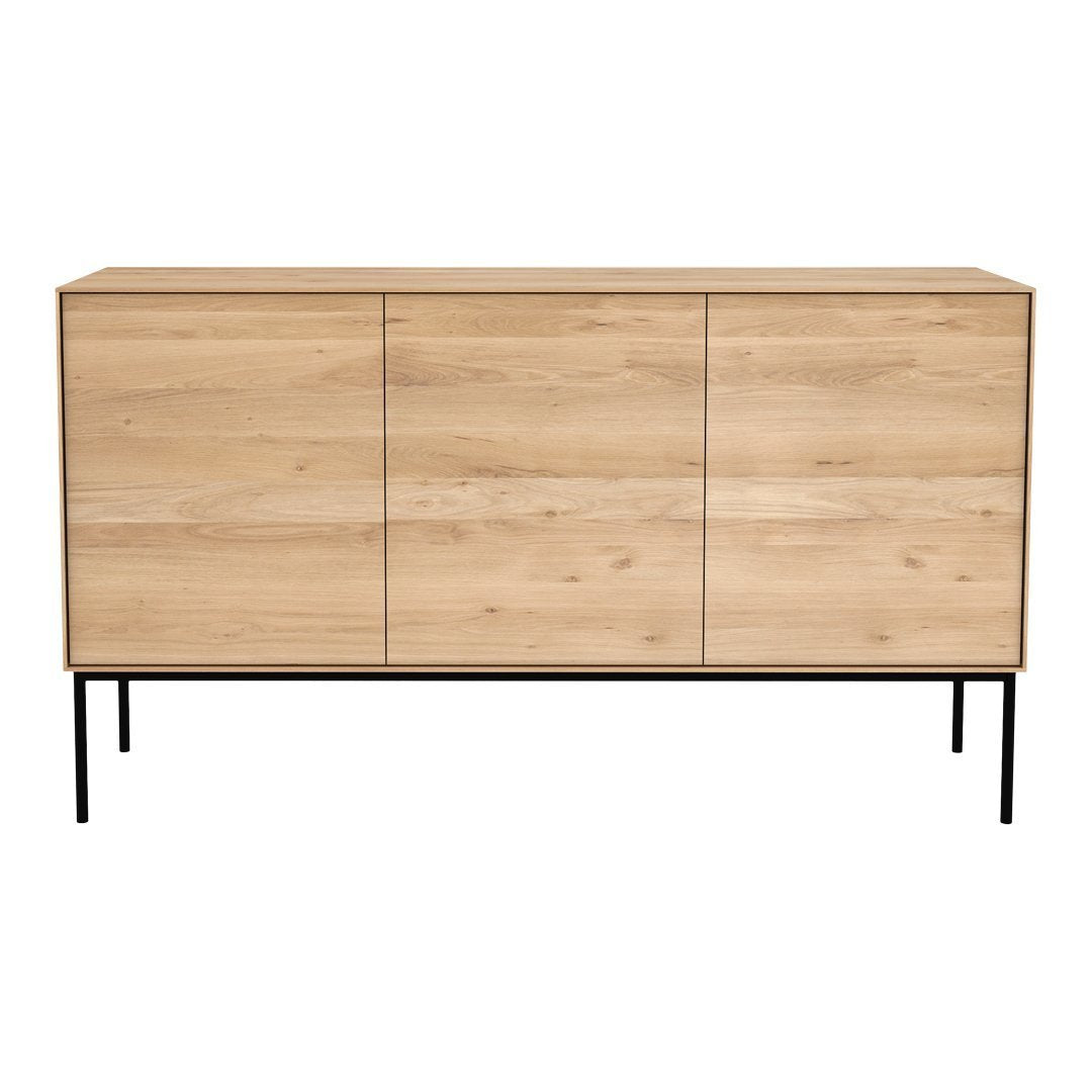 Light oak wood sideboard with smooth finish and minimalist black metal legs, featuring a seamless, natural pattern.