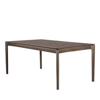Sleek rectangular dining table in a warm dark brown finish with a smooth surface and minimalistic design.