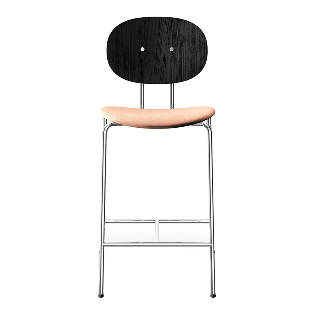Black wooden chair with a round back, beige seat cushion, and sleek chrome legs. Modern design with minimalistic style.
