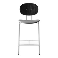 Stylish black wooden backrest, gray padded seat, and sleek chrome legs create a modern barstool design.