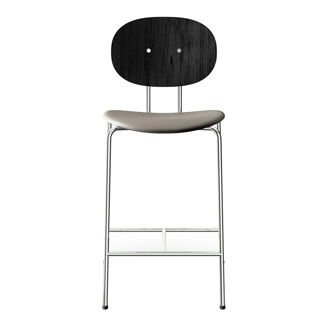 Black wood and neutral beige fabric bar stool with a sleek chrome frame. Modern design with minimalist style.