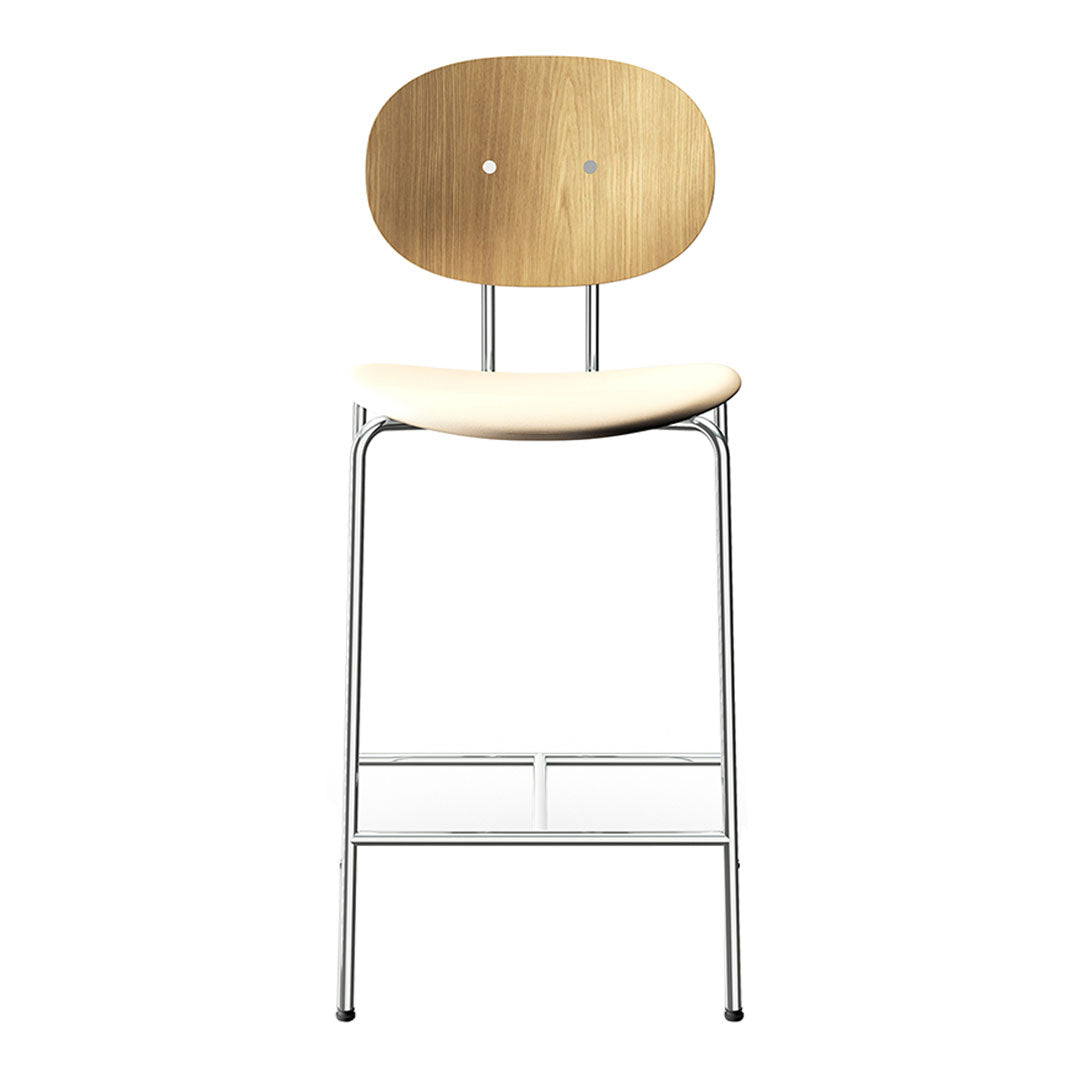 Natural wood finish with a smooth light beige seat and sleek chrome legs. Modern minimalist design.