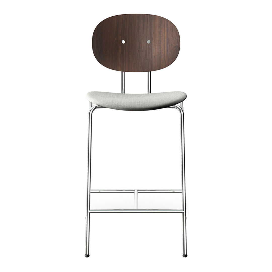 Modern bar stool with a dark wood back, light gray seat, and sleek chrome legs, showcasing minimalist design.
