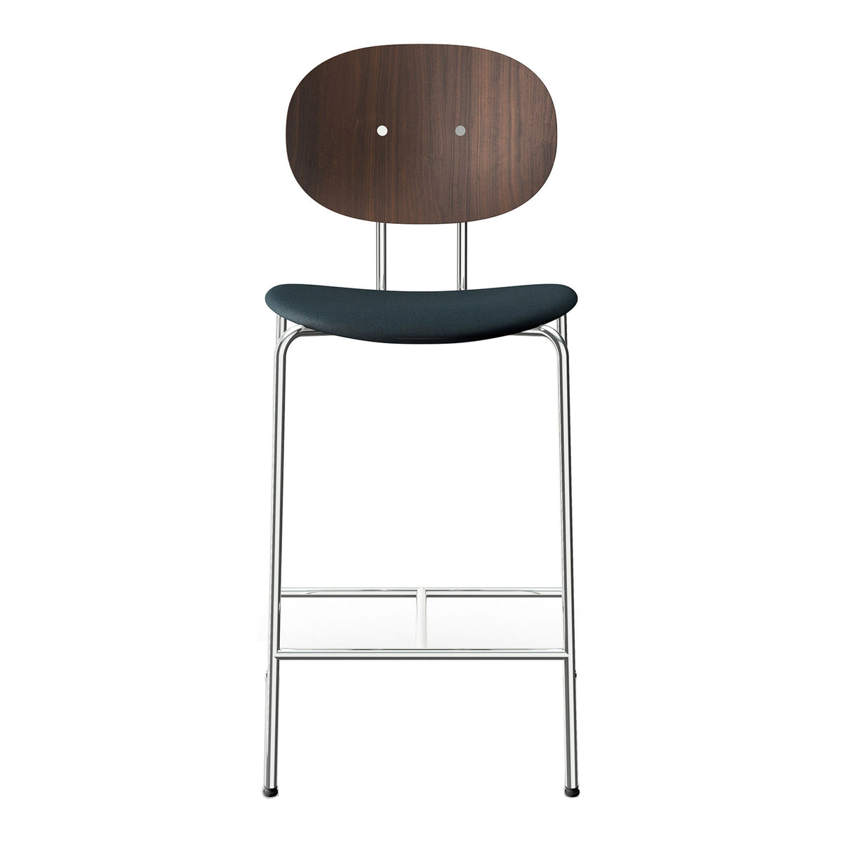 Wooden backrest with a smooth dark green seat, and sleek chrome legs for a modern look. Perfect for contemporary spaces.
