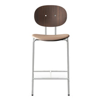 Wooden bar stool with a rich brown wood seat and backrest, silver metal legs, and minimalist design.
