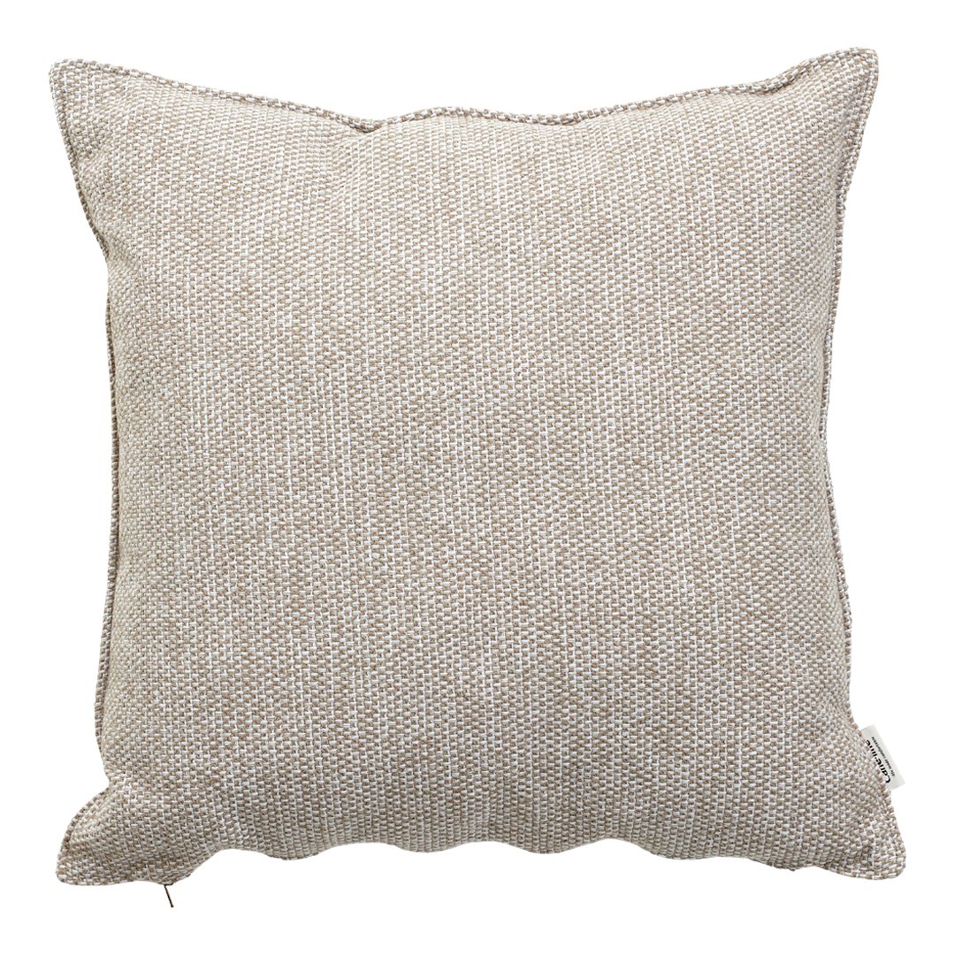 Beige textured throw pillow with subtle herringbone pattern, perfect for neutral home decor.