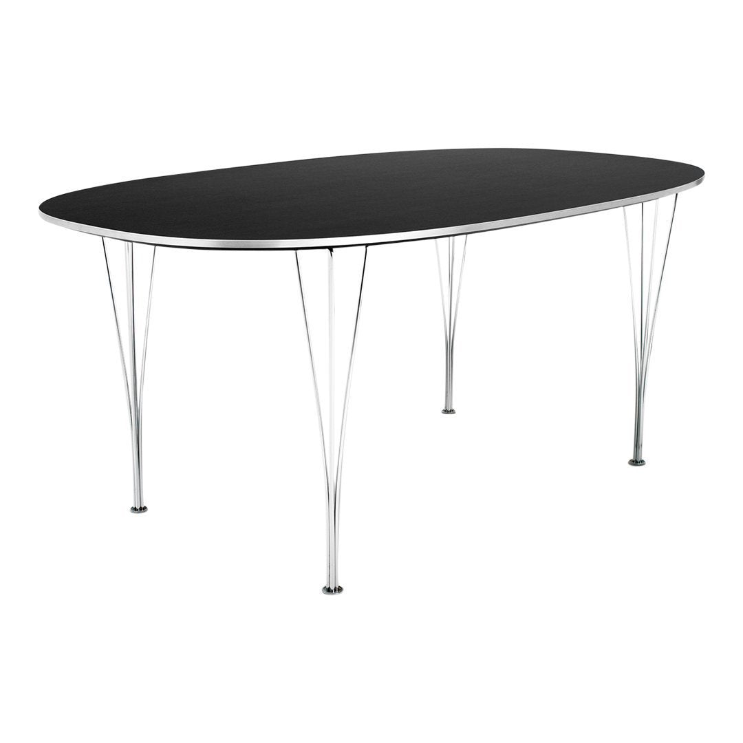 Oval black tabletop with chrome legs, minimalist design, sleek and modern aesthetic perfect for any space.