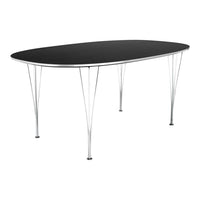 Oval black tabletop with chrome legs, minimalist design, sleek and modern aesthetic perfect for any space.