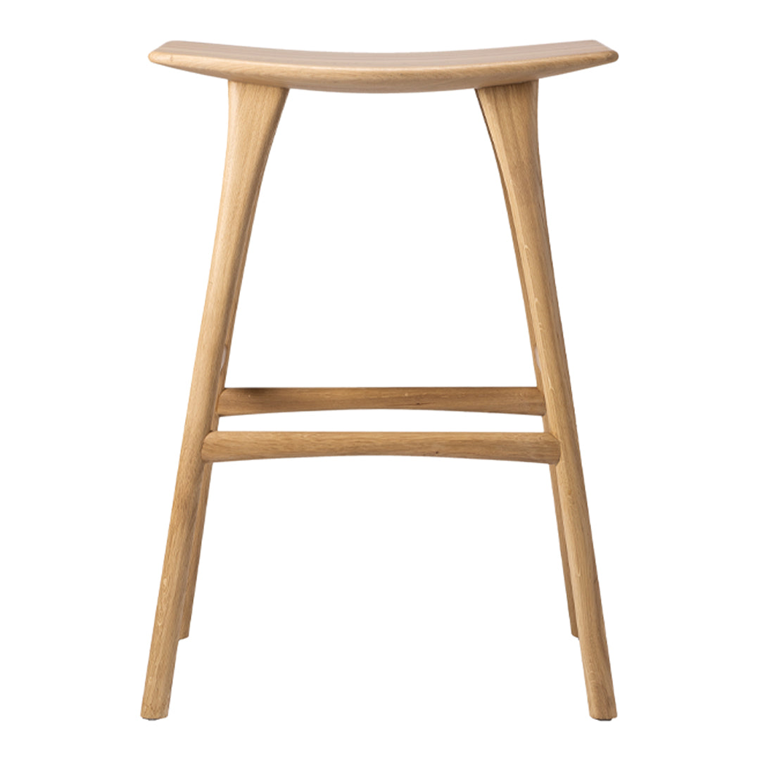 Natural wood bar stool with a curved seat and smooth finish, showcasing warm oak tones and minimalist design.
