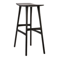 Sleek black bar stool with a minimalist design and smooth surface, perfect for modern interiors.