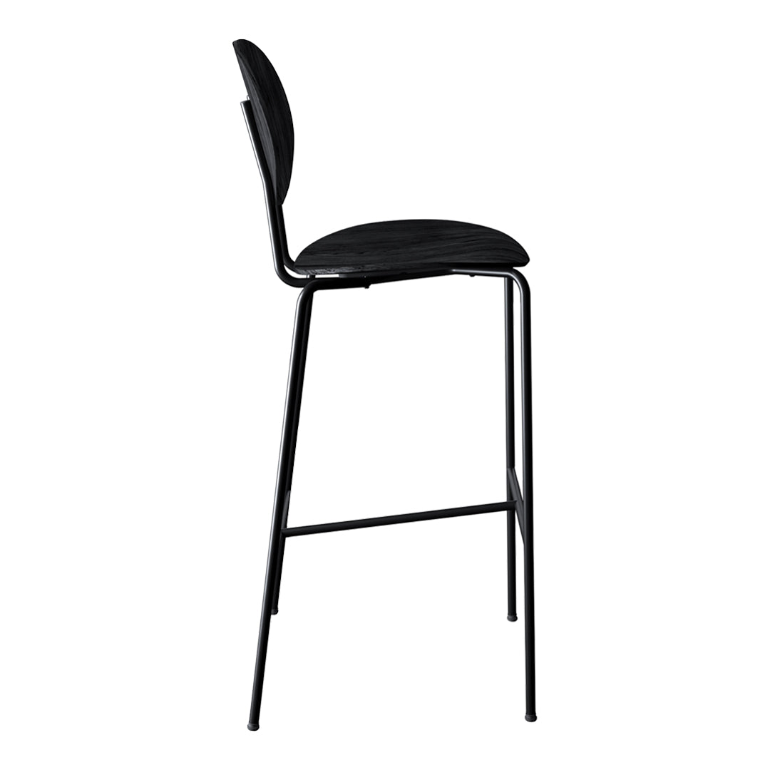 Black metal bar stool with a sleek, minimal design and smooth, curved backrest. Perfect for modern decor.