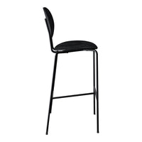 Black metal bar stool with a sleek, minimal design and smooth, curved backrest. Perfect for modern decor.