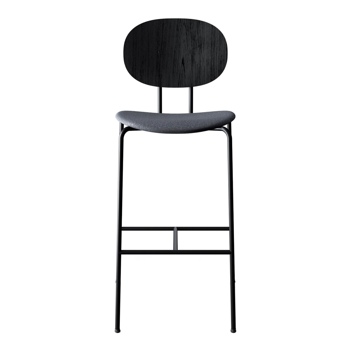 Stylish black bar stool with a sleek round backrest and smooth gray seat, emphasizing modern minimalism.