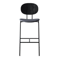 Stylish black bar stool with a sleek round backrest and smooth gray seat, emphasizing modern minimalism.
