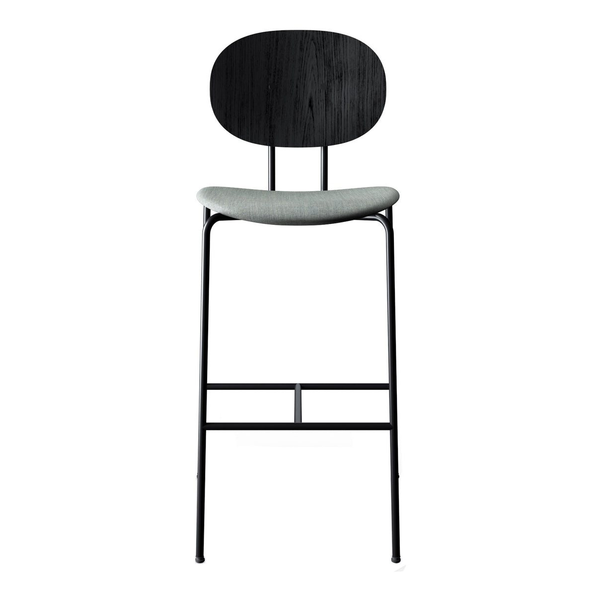 Stylish black and gray bar stool with a minimalistic design and smooth upholstery, perfect for modern decor.