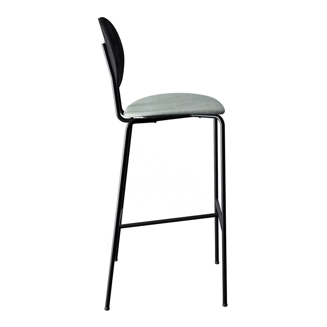Black metal bar stool with a light gray cushioned seat and a sleek, modern design.