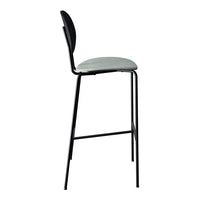 Black metal bar stool with a light gray cushioned seat and a sleek, modern design.