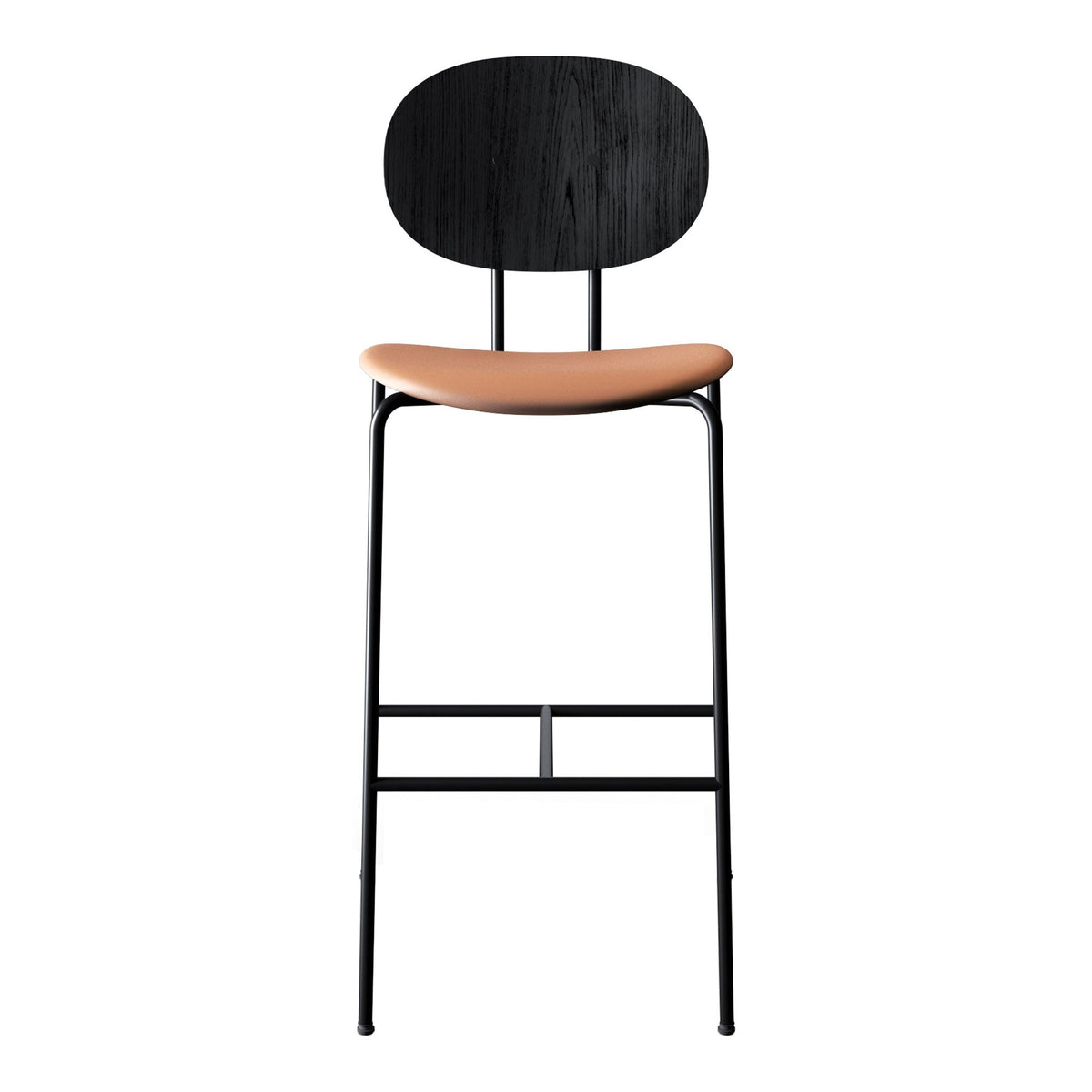 Black metal bar stool with a warm tan seat, featuring a sleek, minimalist design and smooth, clean lines.