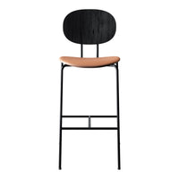 Black metal bar stool with a warm tan seat, featuring a sleek, minimalist design and smooth, clean lines.