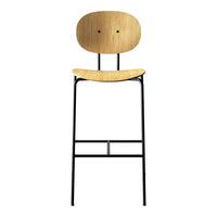 Natural wood grain seat and backrest, paired with a sleek black metal frame for a modern, minimalist design.