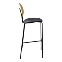 Black and wooden bar stool with a sleek, modern design and minimalist color palette. Perfect for contemporary spaces.
