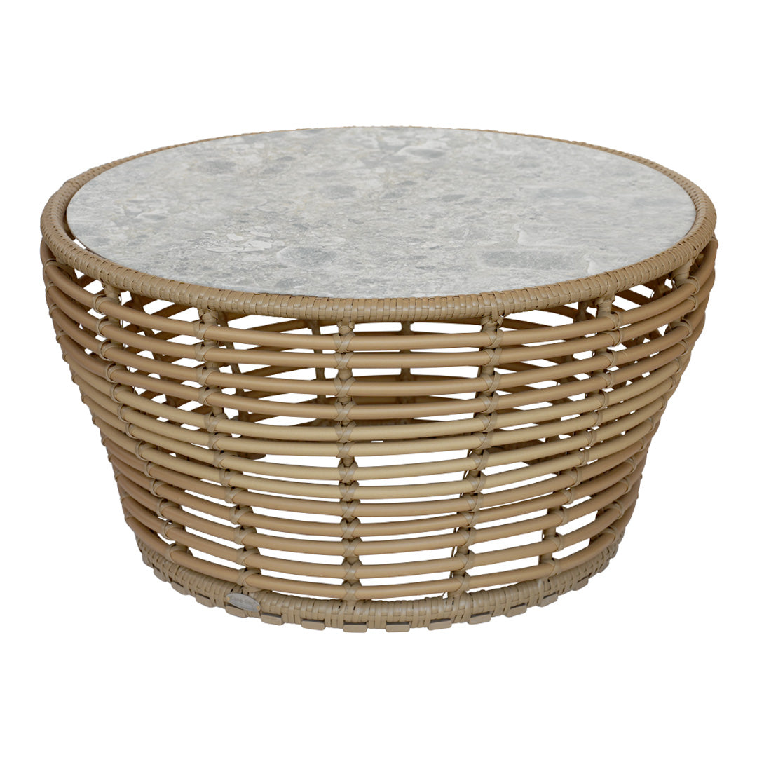 Natural rattan woven basket design with a textured white marble top, combining earthy tones and soft patterns.