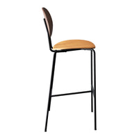 Sleek black metal bar stool with a warm wood seat and curved backrest, featuring simple modern design.