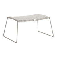 Light gray woven patio ottoman with a sleek, minimalist design and sturdy white frame.