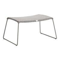 Light grey woven top with a gray metal frame; minimalist design ideal for indoor or outdoor use.