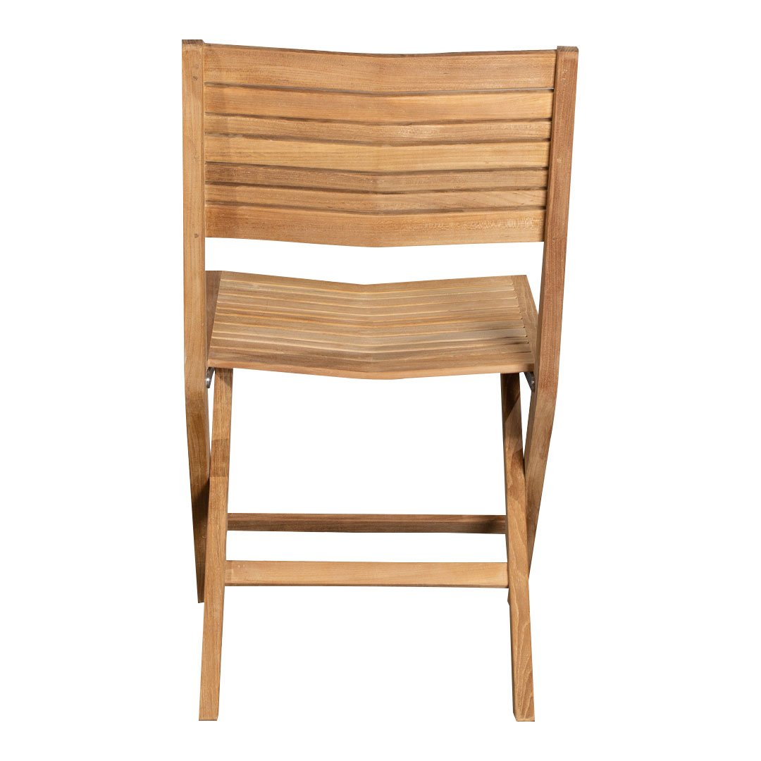 Wooden folding chair with a natural brown finish and horizontal slat pattern. Ideal for indoor or outdoor use.