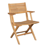 Natural wood folding chair with a slatted backrest and seat, showcasing a warm, honey-brown finish.