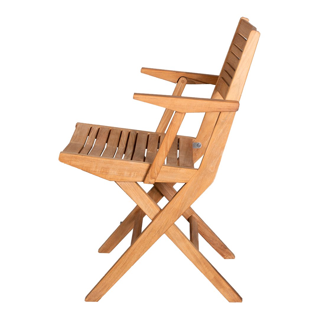 Natural wood folding chair with a smooth, light brown finish and slatted design. Perfect for outdoor settings.