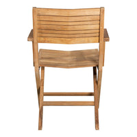 Wooden folding chair in warm brown with a slatted pattern, highlighting natural grain and rustic charm.