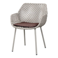 Stylish beige woven chair with a brown cushion and sleek metallic legs, perfect for contemporary decor.