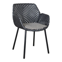 Gray woven chair with a textured pattern and a light gray seat cushion, complemented by sleek black legs.