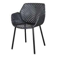 Black woven chair with a textured pattern and sleek black metal legs, ideal for modern decor styles.