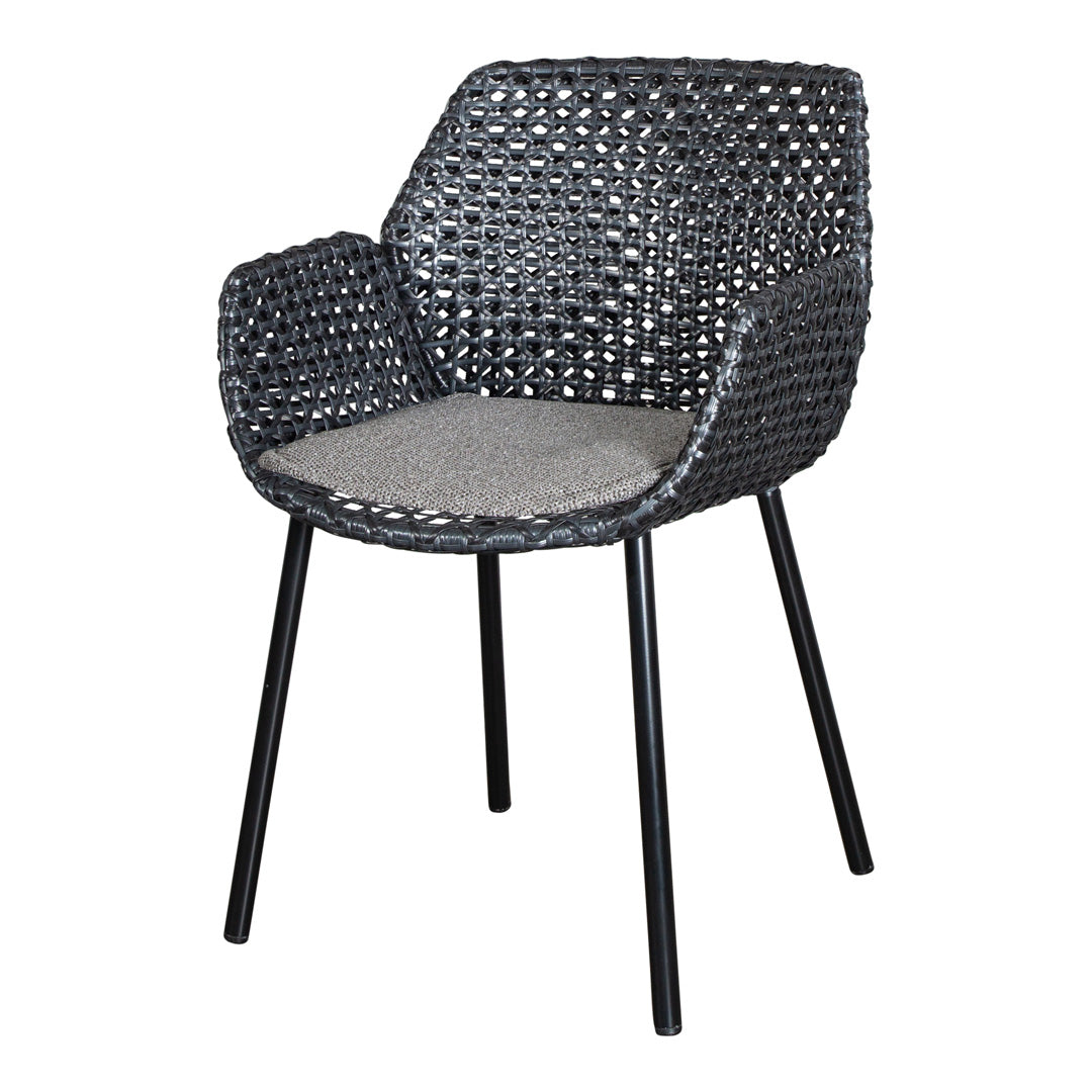 Gray woven chair with a durable black frame and a subtle matte finish, offering a modern, stylish pattern.