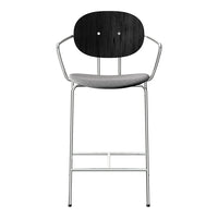 Modern metal bar stool featuring a sleek black wood seat and gray upholstered backrest, perfect for contemporary decor.